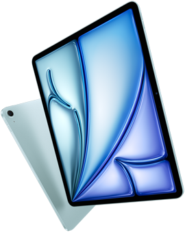 عرض مائل أمامي لجهاز iPad Air بحجم 13 بوصة يعرض شاشة ملونة، وعرض خلفي لجهاز iPad Air بحجم 11 بوصة يظهر الجزء الخلفي والكاميرا