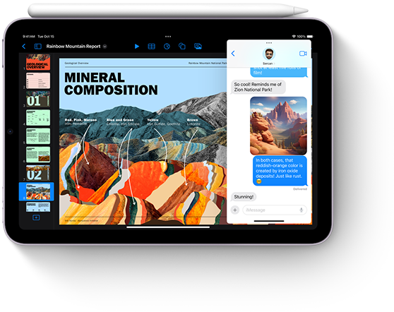 يُعرض iPad mini في وضع العرض الأفقي مع Apple Pencil موضوع عبر الأعلى. تبرز الشاشة ميزات تعدد المهام وميزات Apple Intelligence الجديدة في iPad mini