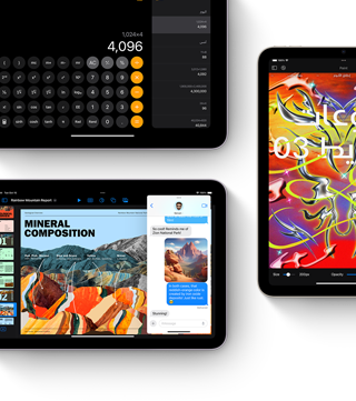 ثلاث شاشات iPad mini تعرض ميزات iPadOS والتطبيقات