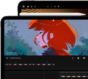 iPad Pro بحجم 11 بوصة مع Apple Pencil Pro متصل وiPad Pro بحجم 13 بوصة خلفه. كلا النموذجين يعرضان صورًا مشرقة، نابضة بالحياة، وملونة على شاشة Ultra Retina XDR