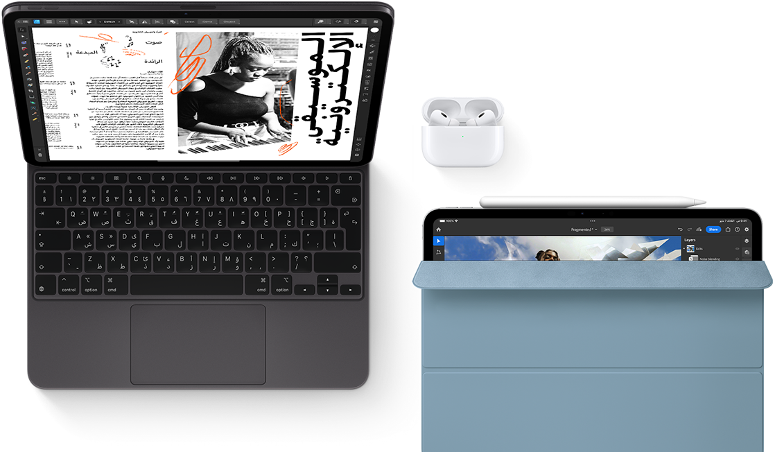 iPad Pro مع Magic Keyboard، Airpods Pro. iPad آخر مع Apple Pencil وSmart Folio