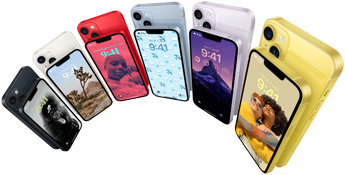 الواجهة الأمامية والخلفية لـ iPhone 14 معروضة بستة ألوان — منتصف الليل، ضوء النجوم، PRODUCT(RED)، أزرق، بنفسجي، وأصفر.