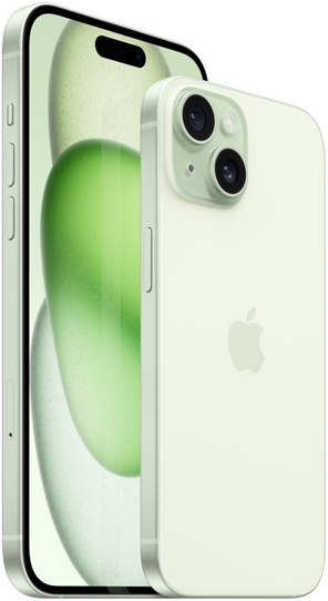 iPhone 15 Plus بحجم 6.7 بوصة وiPhone 15 بحجم 6.1 بوصة معروضان معًا للمقارنة الحجم.