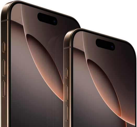 iPhone 16 Pro Max بشاشة 6.9 بوصة وiPhone 16 Pro بشاشة 6.3 بوصة، الواجهة الأمامية، زر Action، أزرار الصوت، Dynamic Island في المنتصف قرب الأعلى