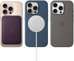 ثلاثة أجهزة iPhone 16 Pro، الجزء الخلفي الخارجي، مع ملحقات MagSafe المرفقة: محفظة iPhone FineWoven MagSafe، شاحن MagSafe، وغطاء سيليكون iPhone مع MagSafe