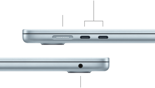 لقطة جانبية لجهاز MacBook&nbsp;Air تبيّن المنافذ: منفذ MagSafe و2 من منافذ ثندربولت&nbsp;4 في الجهة اليسرى، ومقبس لسماعات الرأس في الجهة اليمنى