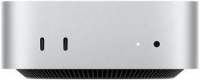 عرض أمامي لـ Mac mini الفضي يظهر المنافذ الأمامية