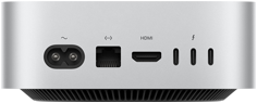 عرض خلفي لـ Mac mini الفضي يُظهر المنافذ الخلفية: منفذ HDMI واحد، منفذ Ethernet واحد، ثلاثة منافذ Thunderbolt، ومنفذ الطاقة