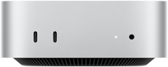 عرض أمامي لـ Mac mini الفضي يُظهر المنافذ الأمامية: منفذا USB-C ومنفذ سماعة رأس 3.5 مم