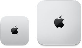 عرض علوي لـ 2024 Mac mini الفضي مع شعار Apple بجانب 2023 Mac mini الفضي مع شعار Apple لتوضيح الفرق في الحجم