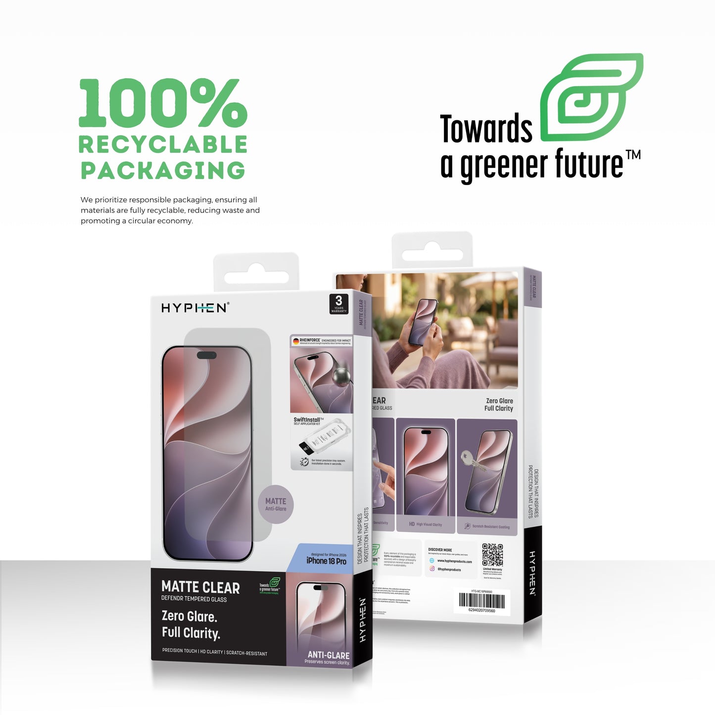 HYPHEN DEFENDR Matte Clear Tempered Glass with Applicator - iPhone 18 Pro - 6.3"