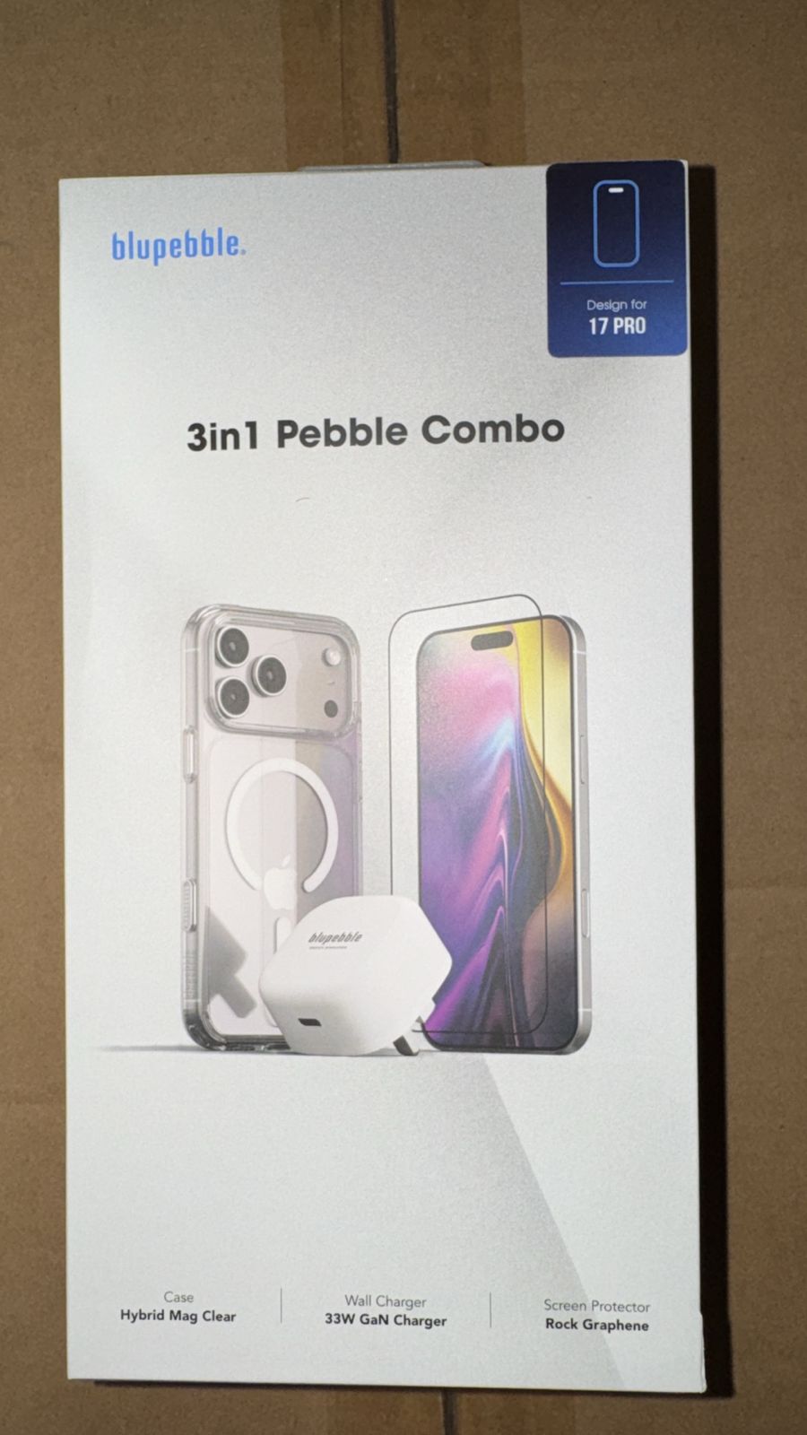 Blupebble bundle for iPhone 17 Pro (30W USB-C Adapter + Glass Screen Protector + Clear Case)