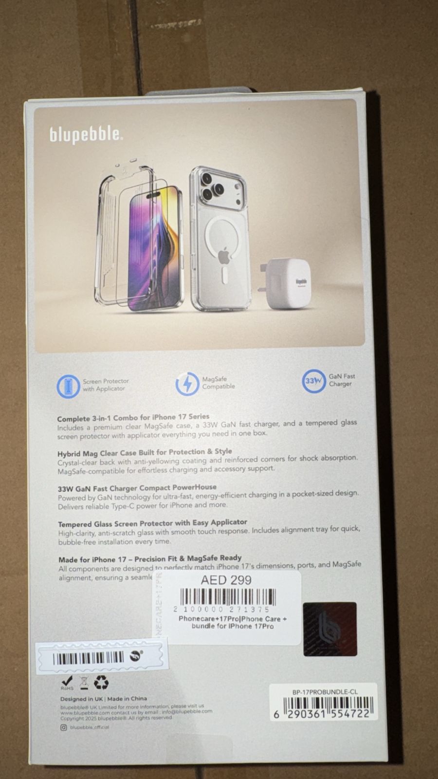 Blupebble bundle for iPhone 17 Pro (30W USB-C Adapter + Glass Screen Protector + Clear Case)