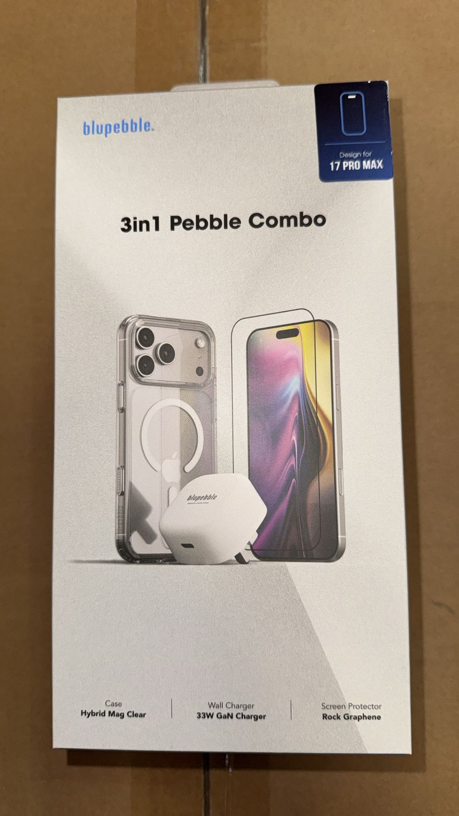 Blupebble bundle for iPhone 17 Pro Max (30W USB-C Adapter + Glass Screen Protector + Clear Case)