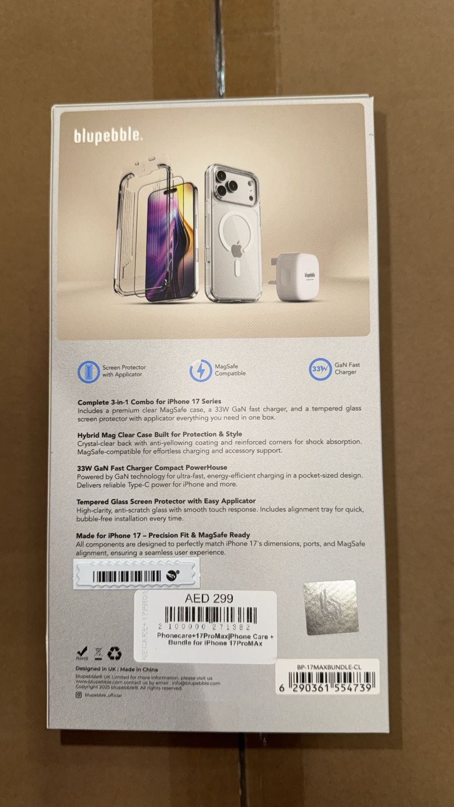 Blupebble bundle for iPhone 17 Pro Max (30W USB-C Adapter + Glass Screen Protector + Clear Case)