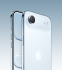 iPhone Air، اللون أزرق سماوي، الجانب الخلفي المائل، نظام كاميرا Fusion الرئيسي في الأعلى، زر تحكم الكاميرا، تصميم الشاشة الكاملة للواجهة الأمامية والجانبية، أزرار الحركة والصوت