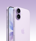 iPhone 17، اللون لافندر، الواجهة الأمامية، الجانب الخلفي المائل، نظام كاميرا Fusion المزدوجة في الأعلى على اليسار، زر تحكم الكاميرا، تصميم الشاشة الكاملة للواجهة الأمامية والجانبية، أزرار الحركة، الصوت، والجانب