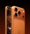 iPhone 17 Pro، اللون برتقالي كوني، الجانب الخلفي المائل، نظام كاميرا Pro Fusion في الأعلى، زر تحكم الكاميرا، تصميم الشاشة الكاملة للواجهة الأمامية والجانبية، أزرار الحركة والصوت