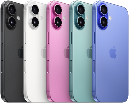 iPhone 16، الجزء الخلفي الخارجي، نظام كاميرا مزدوجة متقدم مرتفع، شعار Apple في الوسط، جميع الخمسة التشطيبات، الأسود، الأبيض، التيال، الوردي، الألترا مارين