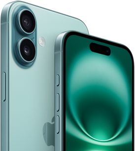 iPhone 16 Plus و iPhone 16، زر الإجراء، أزرار الصوت، زر الجانب، والتحكم في الكاميرا، تصميم الشاشة الكاملة الأمامي، الجزيرة الديناميكية في المنتصف بالقرب من الأعلى، الجزء الخلفي الخارجي، تشطيب بلون التيال، نظام كاميرا مزدوجة متقدم مرتفع في الزاوية العلوية اليسرى، شعار Apple في الوسط