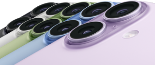 iPhone 17، الجزء الخلفي الخارجي، نظام كاميرا مزدوجة Fusion، جميع الألوان الخمسة متداخلة: الأسود، الأبيض، سيج، أزرق الضباب، واللافندر