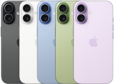 iPhone 17، الجزء الخلفي الخارجي، نظام كاميرا مزدوجة Fusion، جميع الألوان الخمسة متداخلة: الأسود، الأبيض، سيج، أزرق الضباب، واللافندر