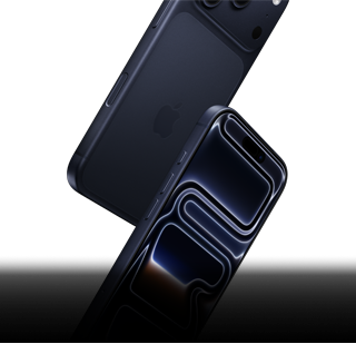 Two iPhone 17 Pro devices in Deep Blue, one front-facing and one rear-facing, falling to depict all-around durability