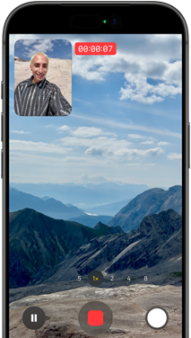 iPhone 17 Pro in silver, front, screen shows front- and rear-cameras recording video simultaneously