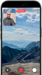 iPhone 17 Pro in silver, front, screen shows front- and rear-cameras recording video simultaneously