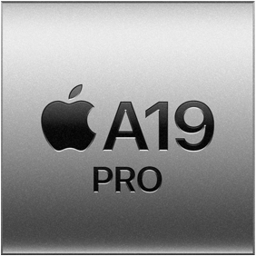 Silver square with Apple logo that says A19 Pro representing the A19 Pro chip