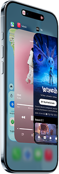 iPhone Air، الواجهة الأمامية، الجانب الخارجي، ملف رفيع، Dynamic Island في المنتصف بالقرب من الأعلى، ميزة App Switcher قيد الاستخدام، الأزرار: Action، الصوت