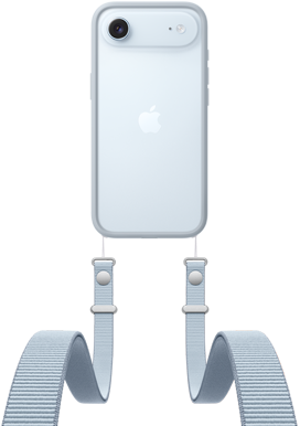 الجزء الخلفي من iPhone Air، اللون أزرق سماوي، نظام كاميرا Fusion بالقرب من الأعلى، شعار Apple في المنتصف، حزام Crossbody مع واقي باللون الرمادي الفاتح متصل