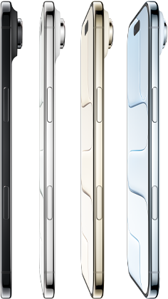 iPhone Air، الجانب الخارجي، جميع التشطيبات الأربعة، أزرق سماوي، ذهبي فاتح، أبيض سحابي، أسود فضائي، ملف رفيع جداً، نظام كاميرا Fusion، الأزرار: الجانب، تحكم الكاميرا