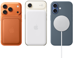 iPhone 17 Pro، الواجهة الخلفية، لون [O7]، مع غطاء سيليكون باللون Sienna ومحفظة FineWoven مع MagSafe باللون Fox Orange؛ iPhone Air، الواجهة الخلفية، اللون Cloud White، مع بطارية Magsafe؛ iPhone 17، الواجهة الخلفية، اللون Mist Blue، مع غطاء سيليكون باللون Anchor Blue وشاحن MagSafe