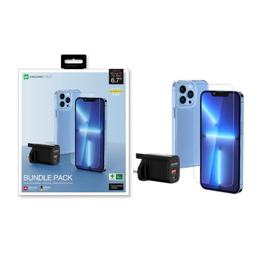 Amazing Thing iPhone 13 Pro Max Bundle: 1pc 20W Charging adapter + 1pc Drop-proof protective case + 2pc Tempered Glass