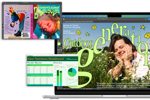 A variety of screens showing the InDesign and Numbers apps, demonstrating the performance of the 13-inch MacBook Air with the M4 chip