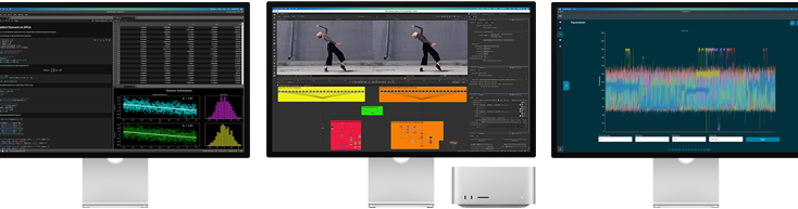 صورة لجهاز Mac Studio وثلاث شاشات Studio Display تعرض جميعها تطبيقات macOS مختلفة على الشاشة