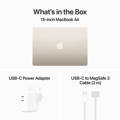 15 MacBook Air: M3 chip, 16GB RAM, 256GB SSD with 8-core CPU and 10-core GPU, Arabic/English Keyboard - Starlight (2024 - Model)