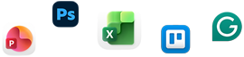 Various app icons in a scattered array, including Microsoft PowerPoint, Affinity Photo 2, Microsoft Excel, Trello, and Grammerly