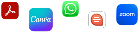 Various app icons in a scattered array, including Adobe Acrobat, Canva, WhatsApp, Quip, and Zoom