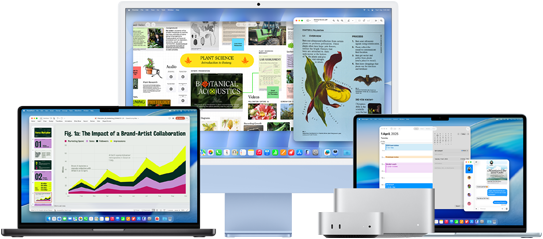 A MacBook Pro, iMac, MacBook Air, Mac mini, and Mac Studio sit side-by-side, running a variety of apps: Microsoft PowerPoint, Freeform, Preview, Calendar, and Messages