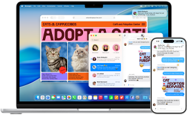 A MacBook Air shows a text message thread in the Messages app, and with continuity across devices, next to it an iPhone 16 Pro Max shows the same text thread on the screen