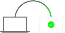 A PC laptop icon is seamlessly connected to a Mac laptop icon with a fluid line and a green check mark
