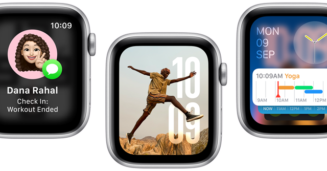 Translate app, Check in app, Photos face, Modular watch face, and Vitals app, on five Apple Watch SE devices