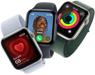 Heart rate monitoring, incoming call, and activity rings on three Apple Watch devices