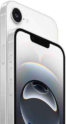 Side view of iPhone 16e in White finish, side exterior, action button, volume buttons and back Fusion camera